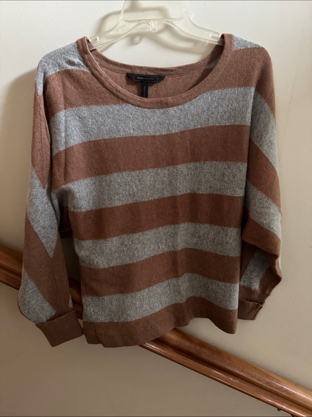 BCBGMaxAzria Brown and Gray Striped Crewneck Sweater